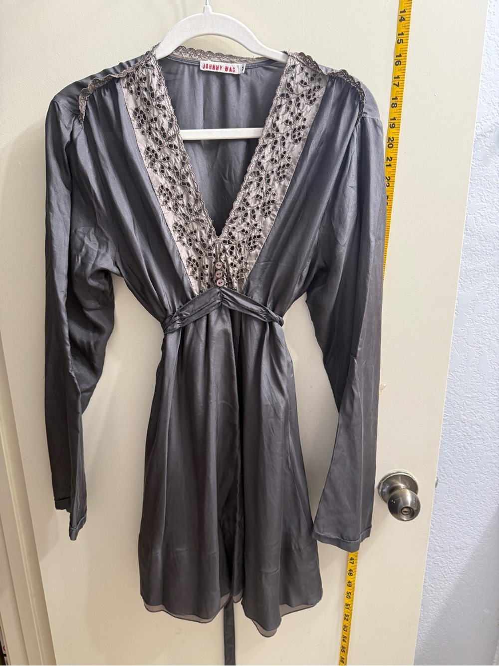 Johnny Was Charcoal Silk shirt tunic with Embroidered Lace Trim